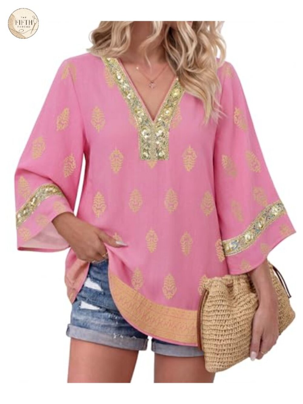 Womens Embroidered V Neck Boho Tunic Top 3/4 Bell Sleeve Blouse